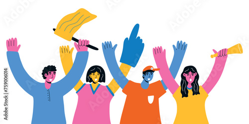 Happy fans poster concept. Crowd of diverse people, welcom and applaud. Women and men yelling at event. Cartoon vector illustration isolated on white background.