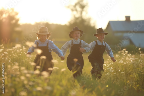 Joyful Children Running Through a Meadow at Sunset in Traditional Amish Attire © KirKam