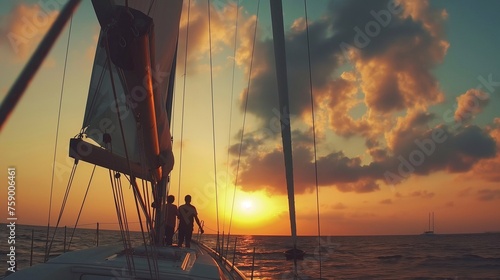 Silhouette of a family  on a modern sailboat in the middle of the sea  with stunning sky and clouds generative ai art