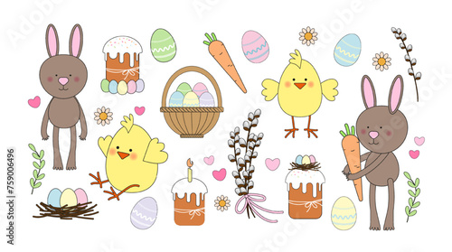Easter set. Cute bunny and chick characters, eggs, Easter cake, pussy willow, nest, carrots, daisies, hearts. Vector spring holiday illustration in flat style isolated on white background