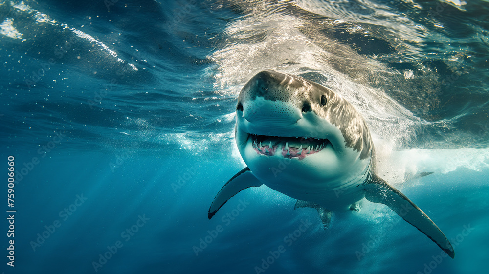 Obraz premium Great White Shark Approaching in Clear Blue Waters