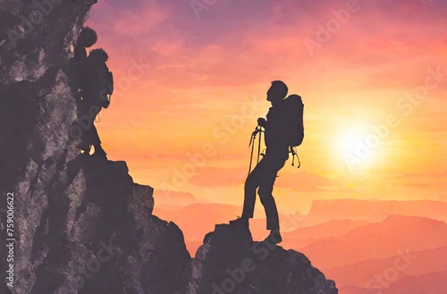 Hikers climbing up mountain cliff team work concept