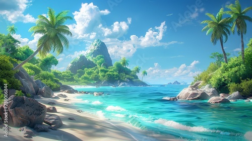 Vibrant Painting of a Tropical Beach With Palm Trees