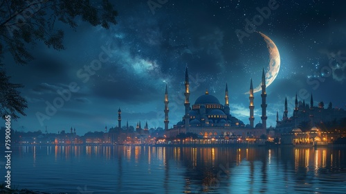 Night Scene of Mosque With Crescent Moon