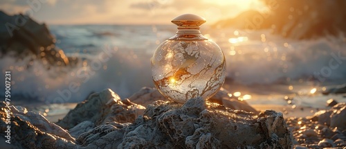 luxurious perfume bottle with golden and marble textures sitting atop a rough natural stone.