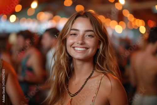 Young woman with a beaming smile and carefree spirit at a sunny outdoor social gathering photo