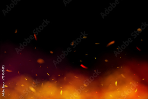 Vector realistic fire effect with sparkles. Flame with particles. Bonfire blaze effect. Red purple smoke and glow shining flare.