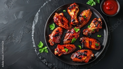 Tasty grilled chicken spicy with ketchup on a black plate. top view dark background. AI generated