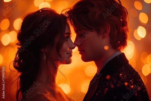 A couple shares a tender moment in close-up with golden light casting a warm glow around them