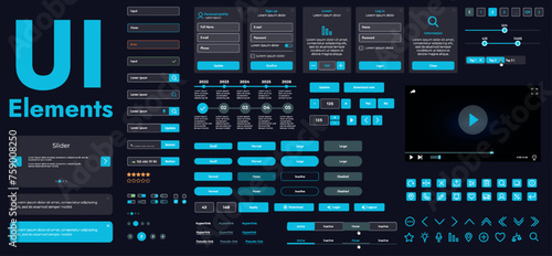 A set of modern web interface elements designed for the development and design of websites and mobile applications. Includes buttons, icons, menus, navigation elements and slyder.