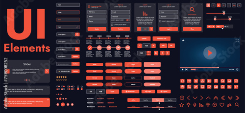 A set of modern web interface elements designed for the development and design of websites and mobile applications. Includes buttons, icons, menus, navigation elements and slyder.