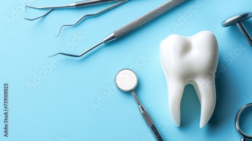 3d render white healthy tooth with different dentist tools on pastel blue background. AI generated © yusufadi