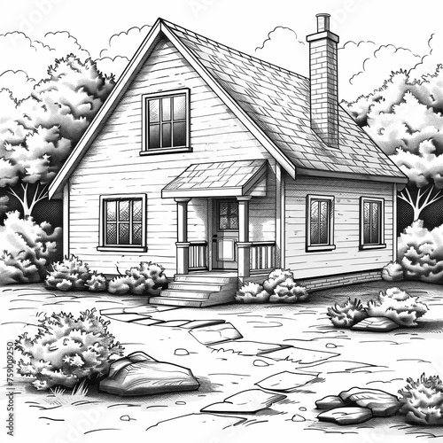 Small cartoon house surrounded by trees, coloring book for children