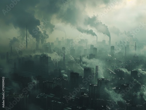 A powerful depiction of air pollution, with a cityscape obscured by thick smog, conveying the harmful effects of industrialization and vehicle emissions,
