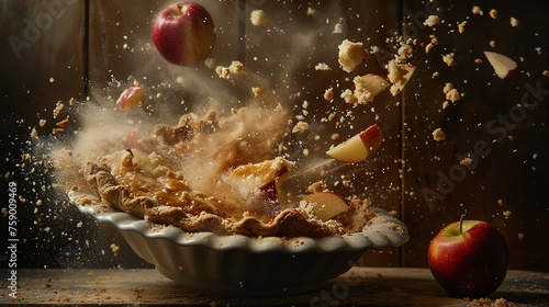 n explosion of apple pie pieces, with crumbs and fruit chunks flying through the air photo