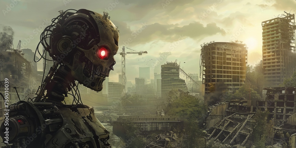 Fototapeta premium Cyborg zombie with red eyes in a ruined cityscape apocalypse dawn