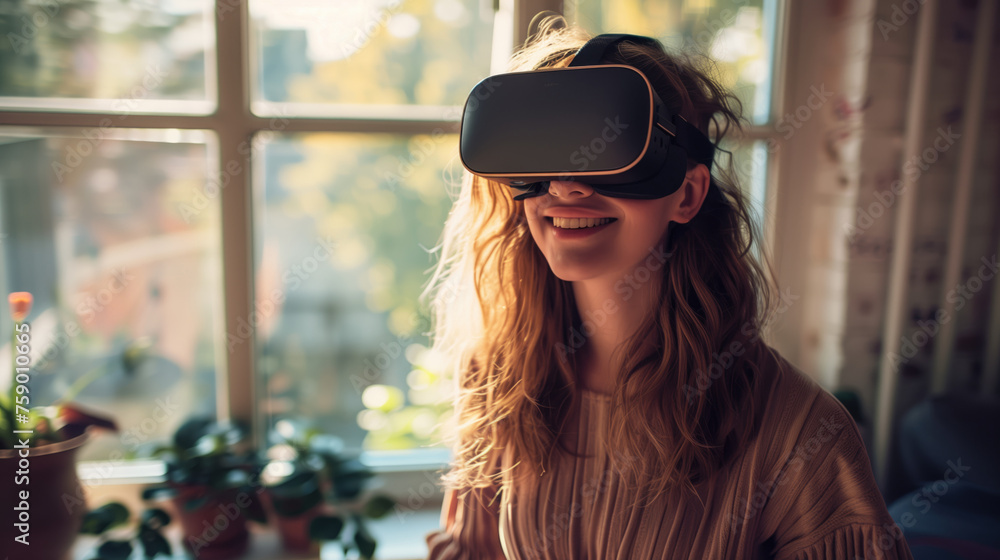 Woman using virtual reality headset by window Woman using virtual reality headset by window