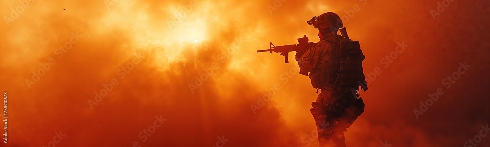 A soldier aims a rifle in a smoky battlefield.