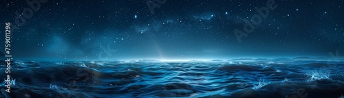 A surreal dreamscape featuring a vast ocean merging with a starry night sky, with bioluminescent sea creatures and a sense of tranquil mystery, hyper realistic, low noise, low texture