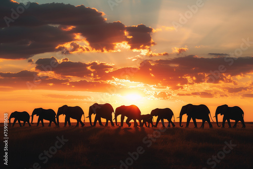 Silhouetted elephant herd walking at sunset ideal for travel and nature themes. photo