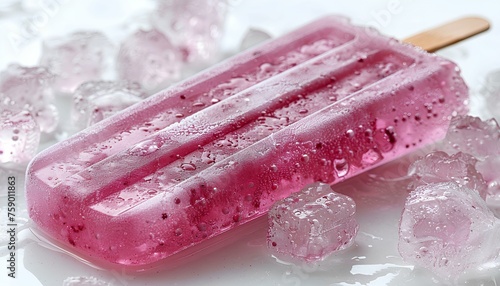 Cherry popsicle isolated on white background with ice. Light purple popsicle as refreshment for summer time heats. Iced popsicle. Candy