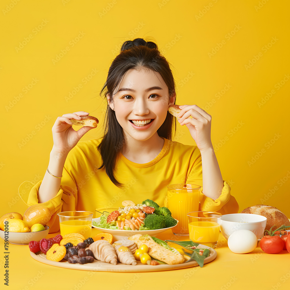 Asian Woman Enjoying Her Food in Yellow Clothing with Yellow Background generative ai Asian Woman Enjoying Her Food in Yellow Clothing with Yellow Background generative ai