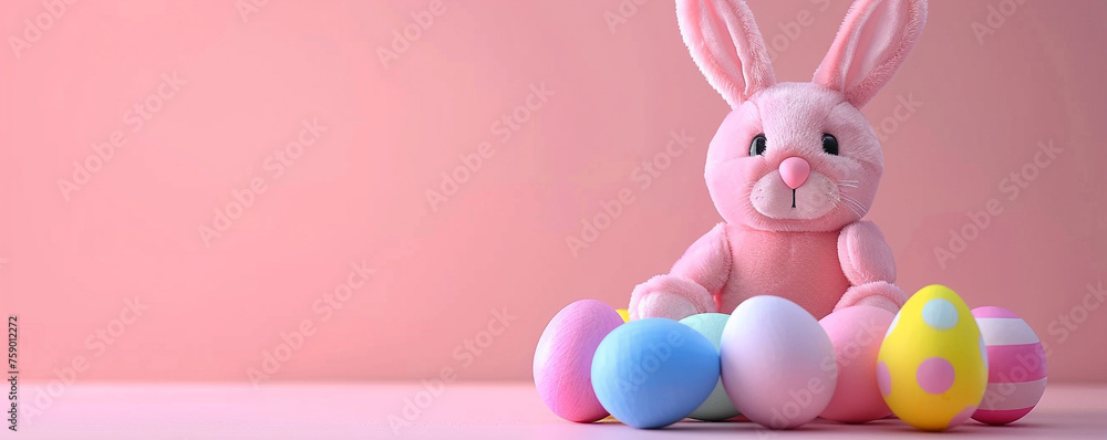 Fototapeta premium Cute fluffy stuffed pink bunny rabbit with easter eggs on pink background copy space illustration