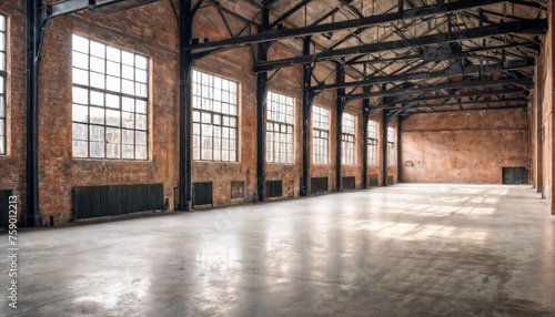 Spacious Industrial Loft With Large Windows and Exposed Brick Walls. © vladnikon