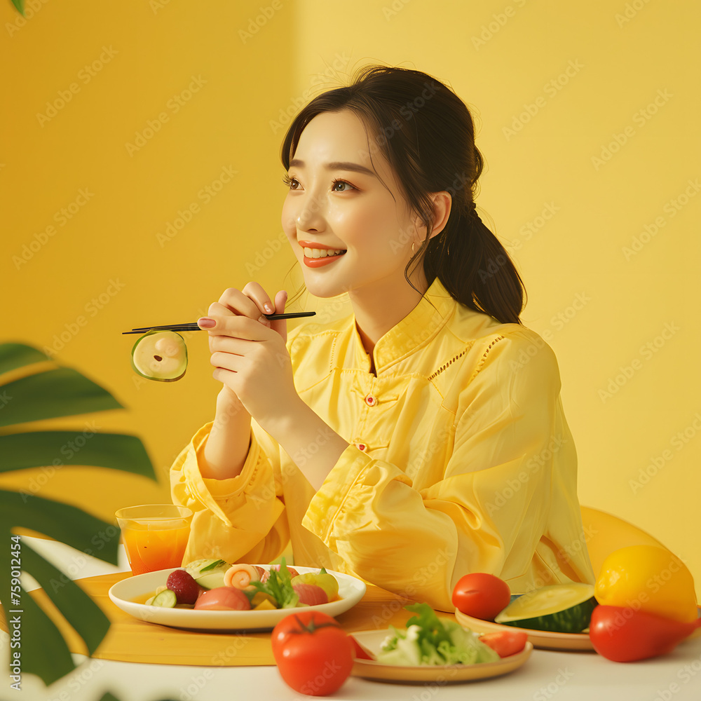 Asian Woman Enjoying Her Food in Yellow Clothing with Yellow Background generative ai Asian Woman Enjoying Her Food in Yellow Clothing with Yellow Background generative ai