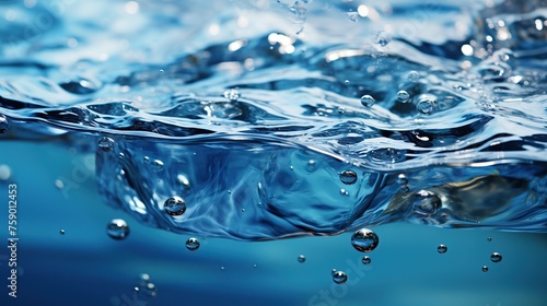 close up of water surface with bubbles on blue background. shallow depth of field, Underwater Serenity