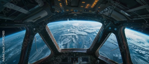 First-person view of floating in a spacecraft cabin Earth visible through a nearby window. The freedom of zero gravity