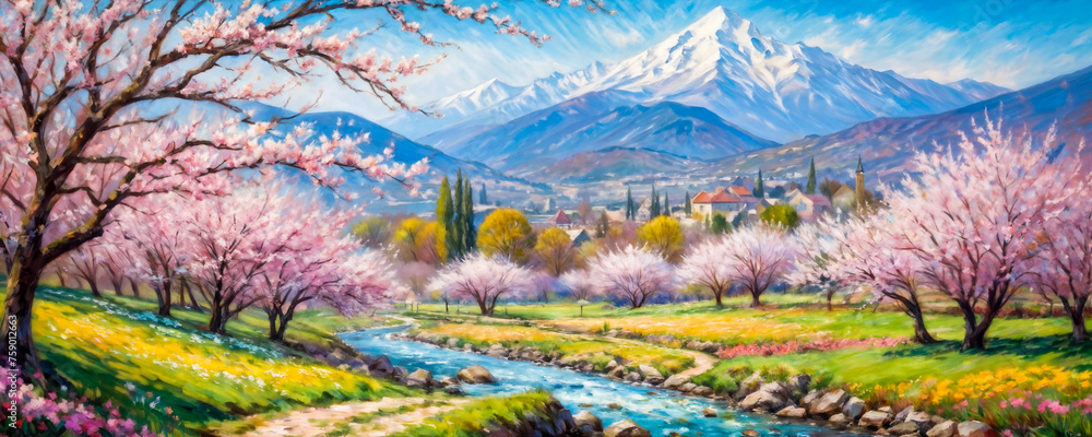 A delightful spring landscape, blooming rose trees against the backdrop of snowy mountains, while a calm stream runs parallel to the path, reflecting the nascent day. A delightful spring landscape, blooming rose trees against the backdrop of snowy mountains, while a calm stream runs parallel to the path, reflecting the nascent day.