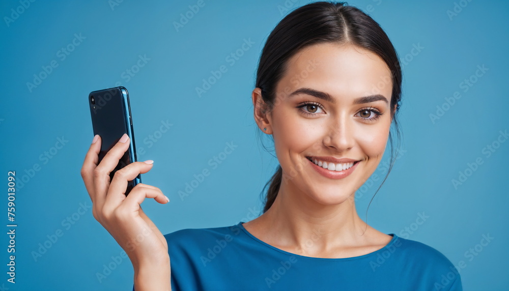 A cheerful young woman, holding a smartphone to her face, poses on a blue background. She's wearing a casual shirt and her dark hair is neatly styled. A cheerful young woman, holding a smartphone to her face, poses on a blue background. She's wearing a casual shirt and her dark hair is neatly styled.