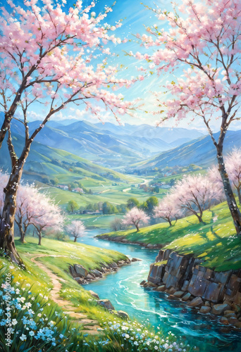 Serene Springtime Landscape With Blooming Trees by Mountain Lake