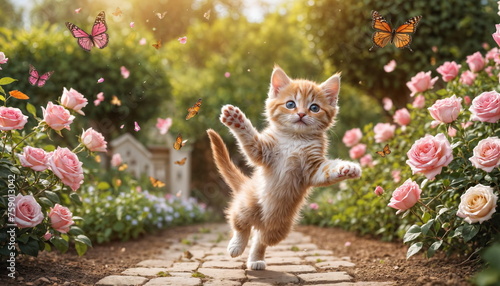 Playful Kitten Frolicking Among Flowers and Butterflies on a Sunny Day