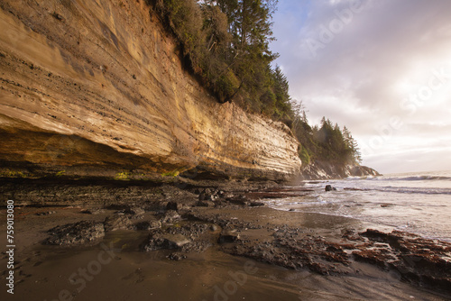 Rain forest and cliffs at Mystic Beach. Vancouver Island, Canada