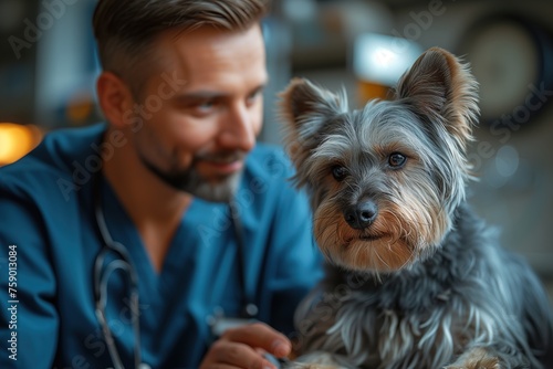 Male veterinarian with stethoscope examining a Yorkshire Terrier dog attentively