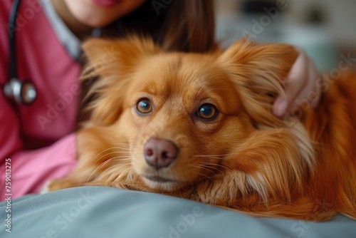 A detailed close-up of a lovable, fluffy brown dog being petted, radiating warmth and comfort