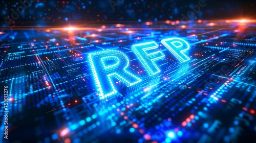Digital blue matrix binary code forms the acronym RFP   symbolizing the concept of Request for Proposal. 