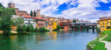 Beautiful medieval towns of Italy -picturesque Bassano del Grappa .Scenic view with famous bridge. Vicenza province, region of Veneto.