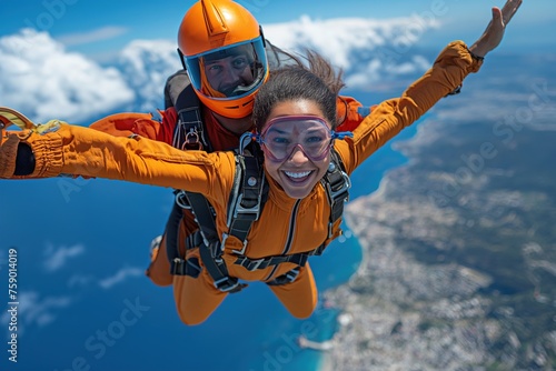A skydiving instructor and student in mid-air, enjoying the thrill of free fall with a scenic backdrop