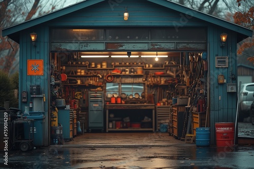 A cozy and well-stocked home garage workshop lights up at dusk  inviting a look into a personal creative space