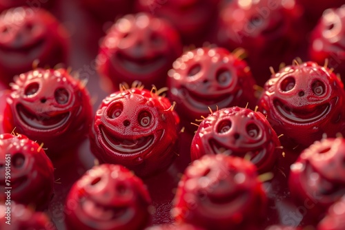 Miniature smiley faces etched into the surface of vibrant red berries  each detail so finely rendered that the textures of the fruit skin and the tiny expressions are vividly clear.