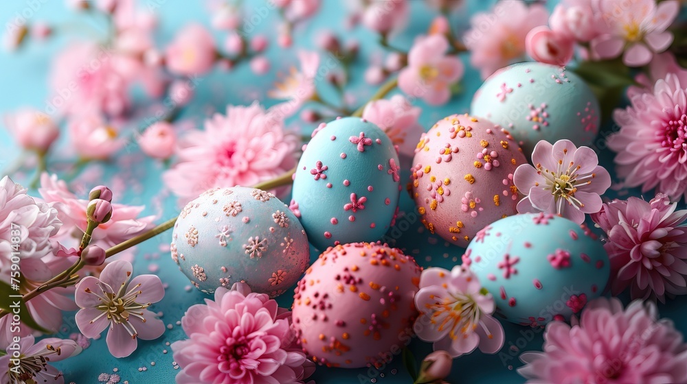 Easter background. Beautiful composition of colorful eggs and spring flowers on a delicate background. Spring holidays concept with copy space.
