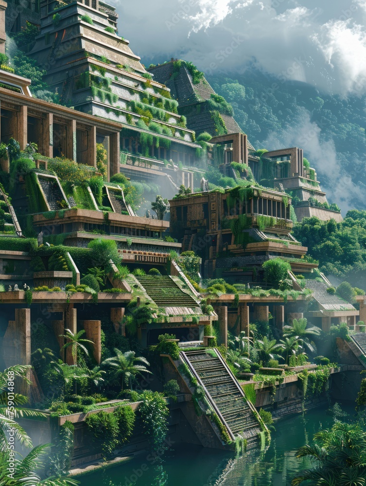 A Mayan metropolis thrives with green rooftops and vertical gardens
