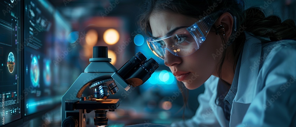 a brilliant scientist analyzing data through a high-tech microscope in a state-of-the-art laboratory a brilliant scientist analyzing data through a high-tech microscope in a state-of-the-art laboratory