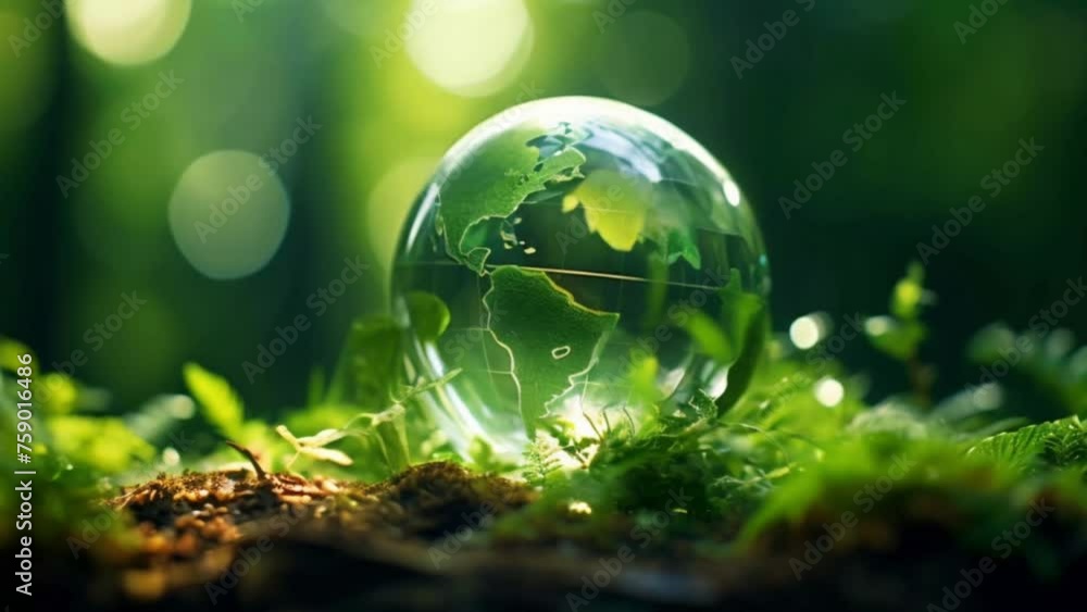 glass earth globe in lush forest, green energy and environmental concept Generative AI glass earth globe in lush forest, green energy and environmental concept Generative AI