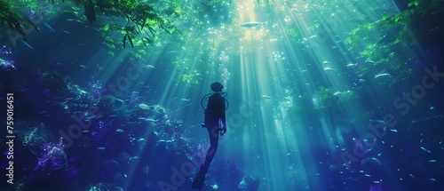 a surreal underwater scene with a scuba diver exploring a sunken forest