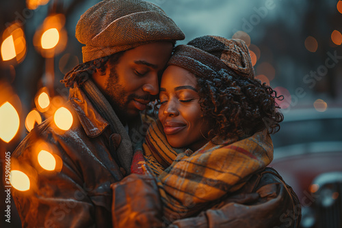 Man and Woman Embracing in Front of Christmas Lights