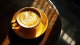 Golden Morning Coffee: Artful Latte in Sunlight